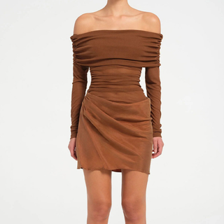 Off shoulder hollow out mesh patchwork cut out mini dress