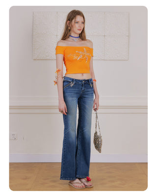 [NECY] Cross Zip Pocket Washed Slim Flare Jeans