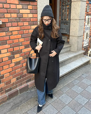 High-neck belted long coat