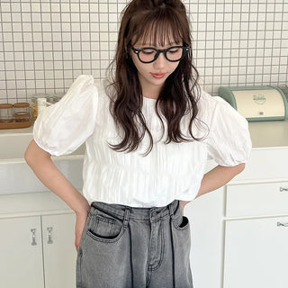 Pleated short-sleeved blouse