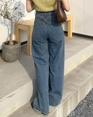 Strap high-waisted denim pants