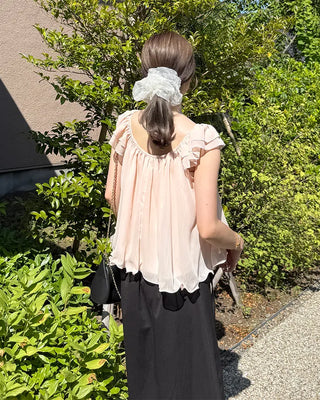 Frilled ribbon chiffon off-shoulder blouse