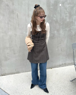 Shirred check sleeveless mini dress