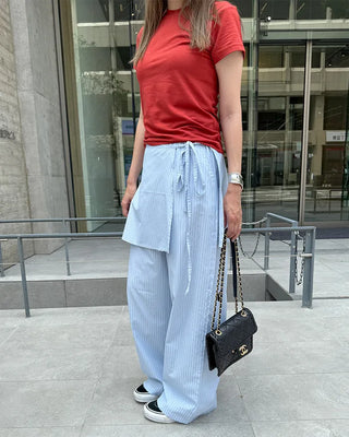 Striped layered wrap skirt set with banding pants