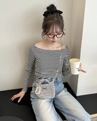 Striped off-shoulder t-shirt