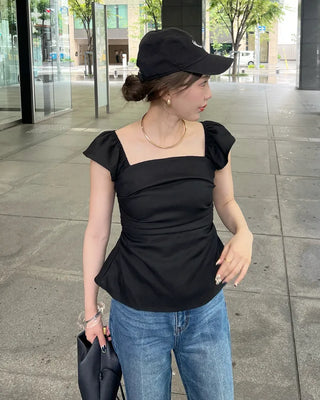 Frilled square neck shirred blouse