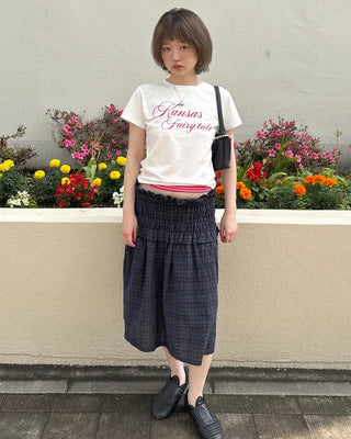 Waist-gathered check midi skirt