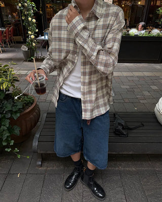 Oversized seersucker check long-sleeved shirt