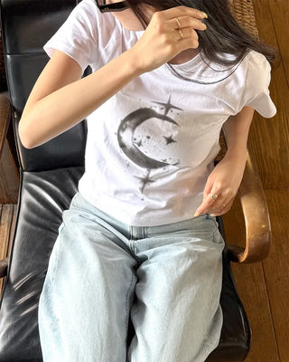 Moon print short-sleeved T-shirt