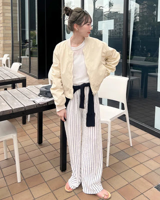 Striped string point wide-leg pants with elastic waistband