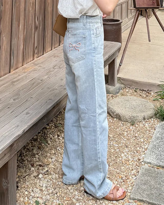 Pocket ribbon detail denim pants