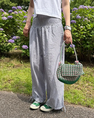 Shirred wide-waist gingham check pants