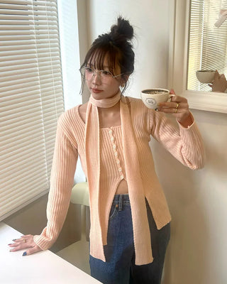 Ribbed cardigan and scarf set