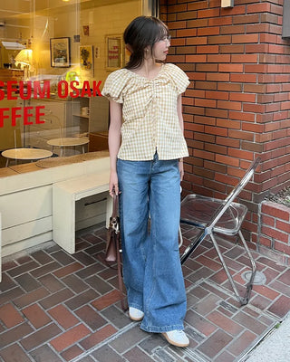 Checked Shirred V-Neck Blouse