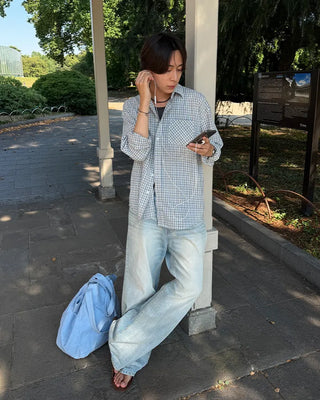 Seersucker check long-sleeved shirt