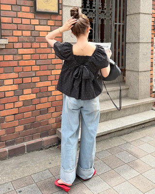 Front Ribbon Smock Gathered Blouse