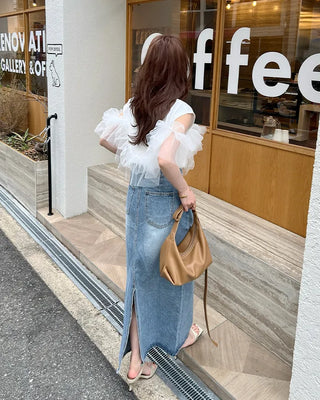 H-line elastic waist long denim skirt