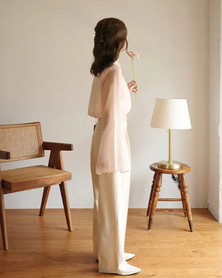 (ORIGINAL) Round Collar Button Sheer Blouse