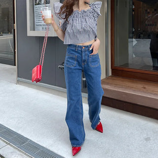 Gingham check frill blouse
