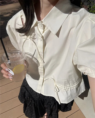 Drawstring Ribbon Asymmetrical Short-Sleeve Shirt