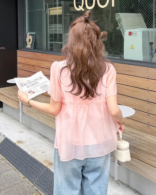 Organza ruffle balloon sleeve blouse