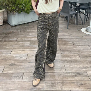 Leopard print denim pants