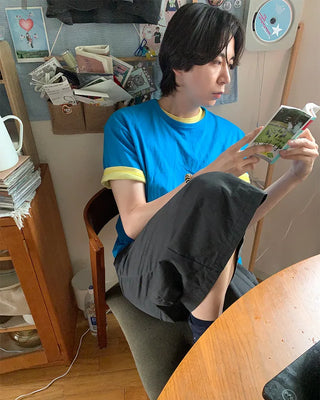 (Unisex) Two-tone layered cropped short-sleeve T-shirt