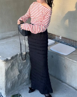Border boat neck asymmetrical T-shirt