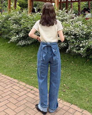 Back ribbon frill denim pants
