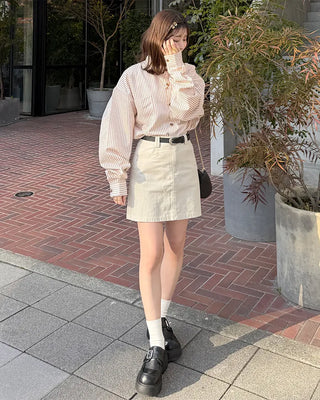 Belted Cotton Simple Mini Skirt