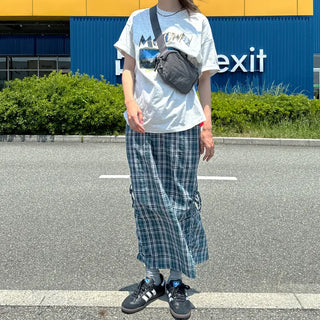 Checked ribbon strap long skirt
