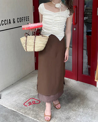 Flower Strap Heart Neck Shirring Short Sleeve T-Shirt