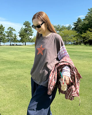 Vintage star print sleeve striped T-shirt