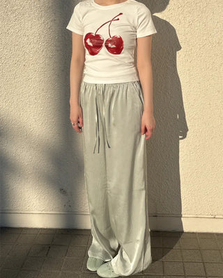 Waistband string silk wide-leg pants