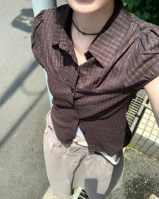 Checked Shirred Puff Sleeve Blouse