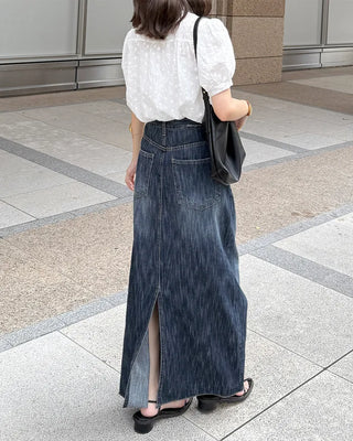 Washed denim long skirt