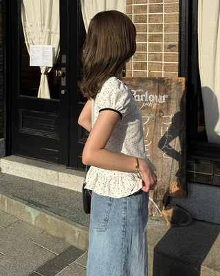 Dot neck string short-sleeved T-shirt
