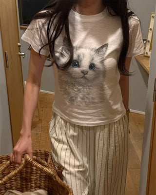 Cat print short-sleeved T-shirt