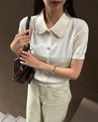 Pearl Button Short-Sleeve Colored Knit