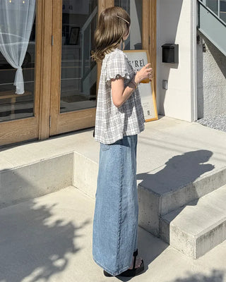 Front Ribbon Check Puff Sleeve Top