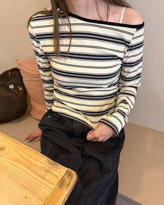 Half-off-shoulder striped T-shirt