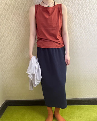 Elastic waist ribbed long skirt