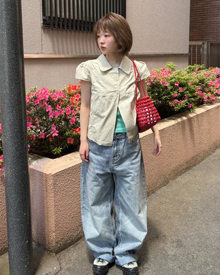 Button-up puff-sleeve cotton blouse