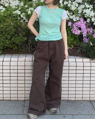 See-through two-tone short-sleeve T-shirt