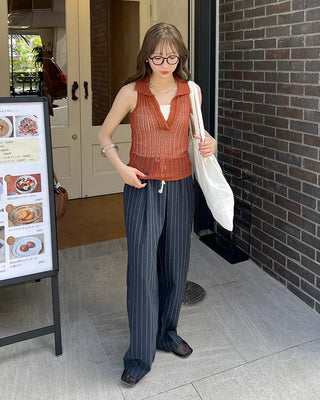 Striped wide banding pants