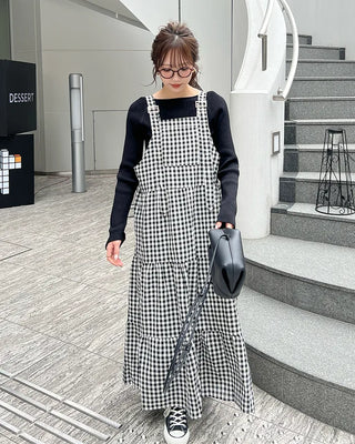 Checked belt long dress