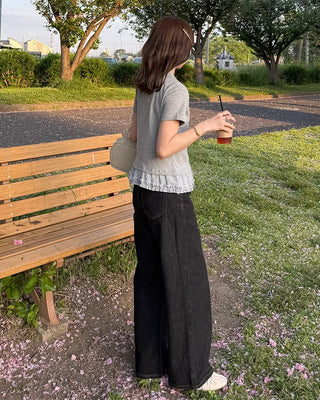 Checked ribbon frill short-sleeved T-shirt