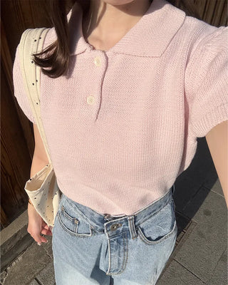 Color Button Point Short-Sleeve Knit