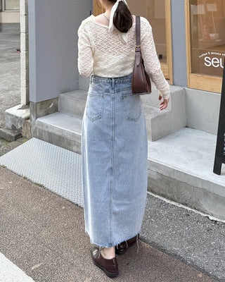 Front slit slim fit denim long skirt
