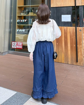 Frilled denim cotton wide-leg pants with elastic waistband